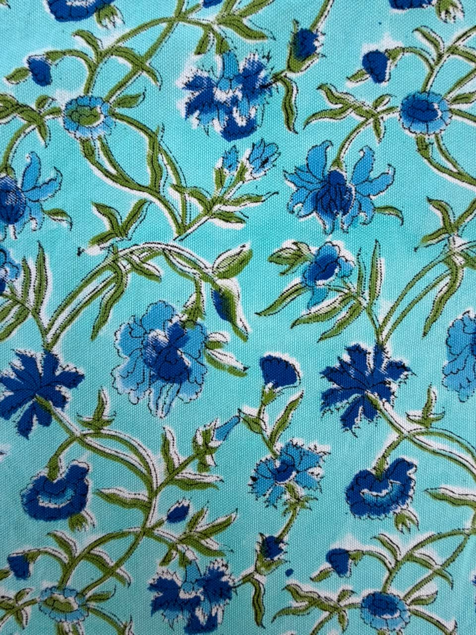 Aqua Blue Floral Hand Block Print Cotton Fabric