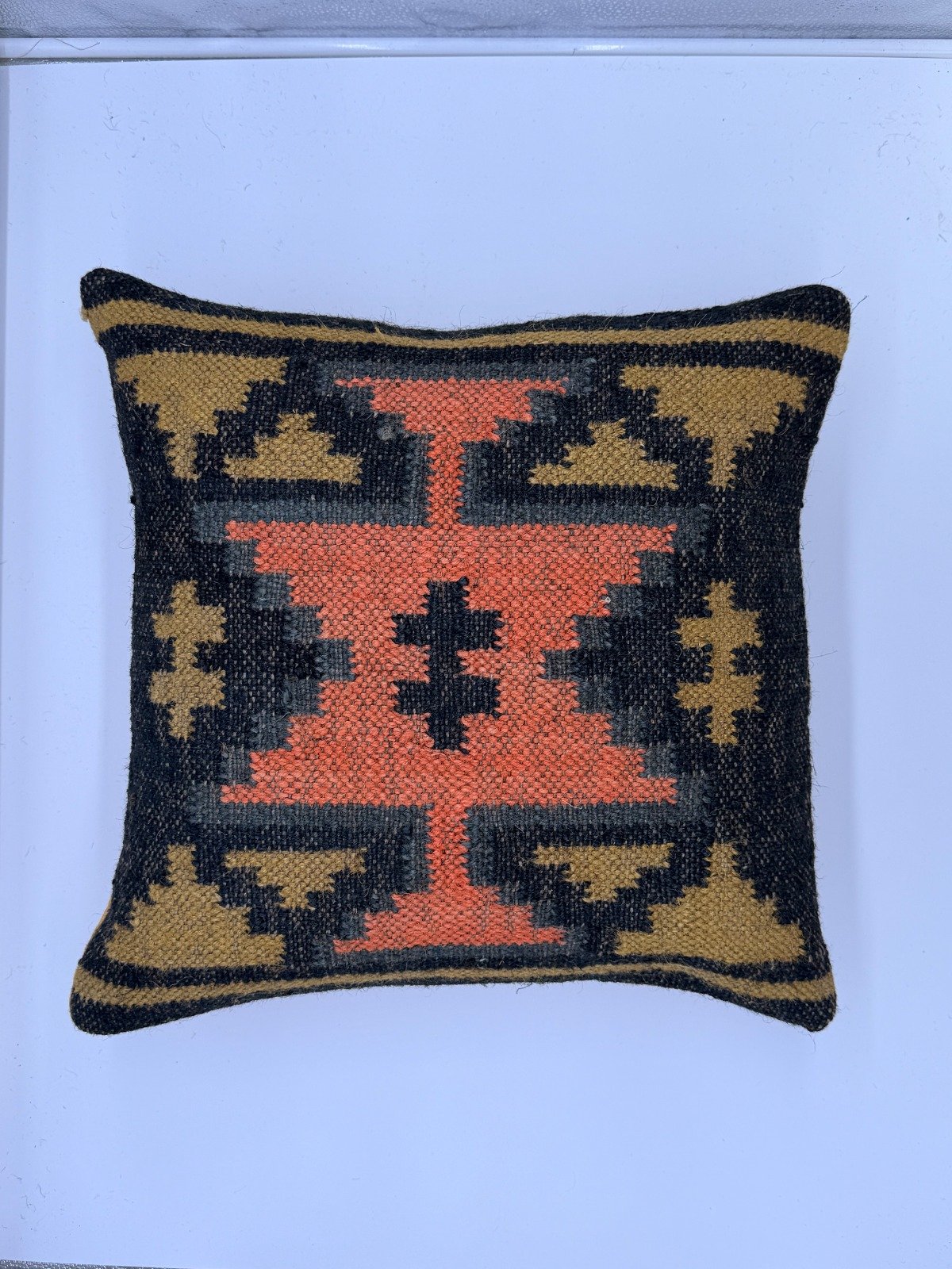 Rustic Tribal Geometric Handwoven Cushion Cover – Charcoal & Terracotta